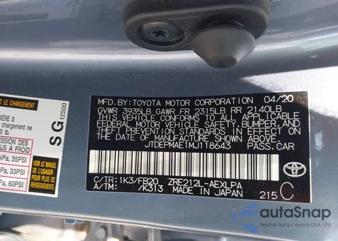 2021 Toyota Corolla Le z USA, uszkodzony, nr VIN JTDEPMAE1MJ118643